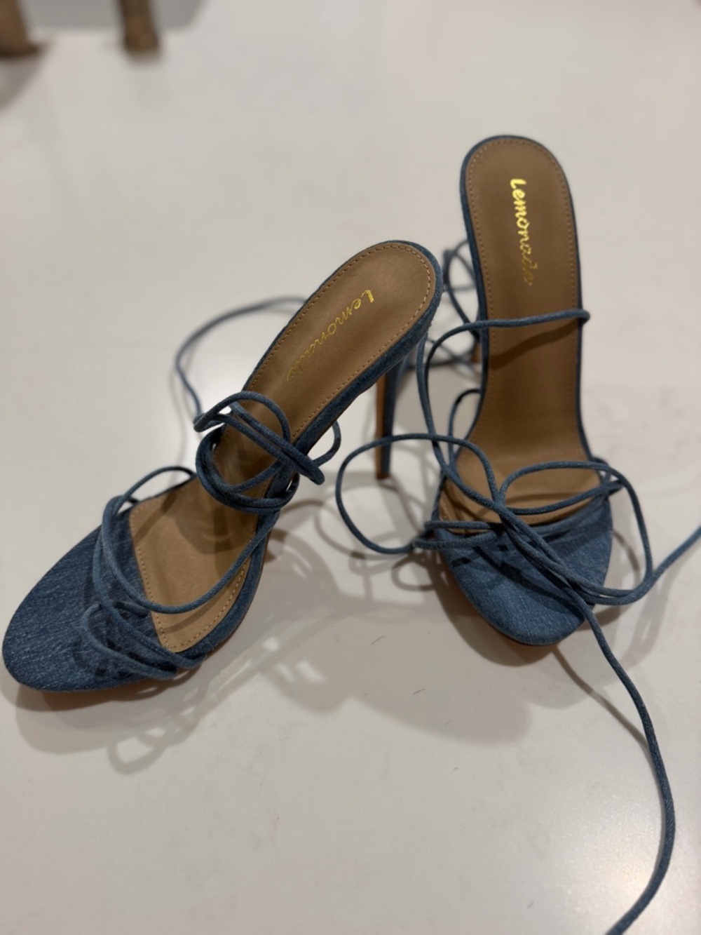Lemon Denim Wrap-Strap Stiletto Sandals - Blue